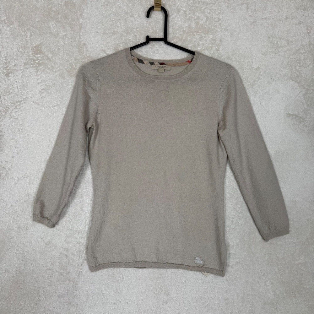 Burberry Brit Womens Wool Crewneck Sweater Beige Oatmeal House Check Trim XS